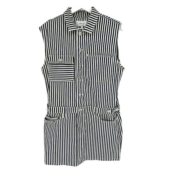 Current Elliott Sleeveless Jumpsuit Dress White Blue‎ Striped Denim Size 3 Large - Picture 2 of 16